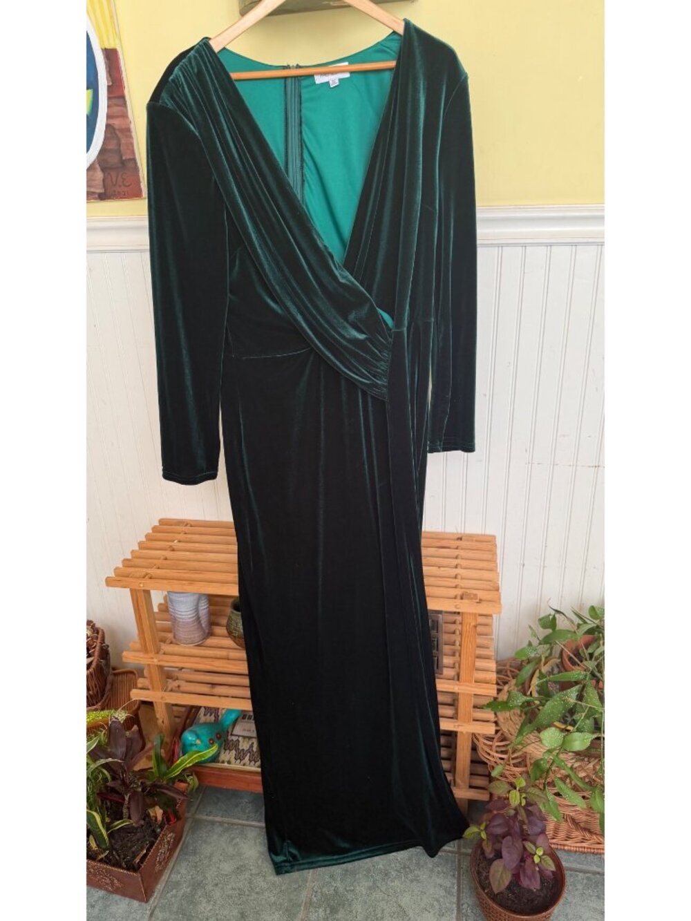 Emerald Green Velvet Maxi Wrap Dress With Long Sleeves By Faeriesty Size 3XL